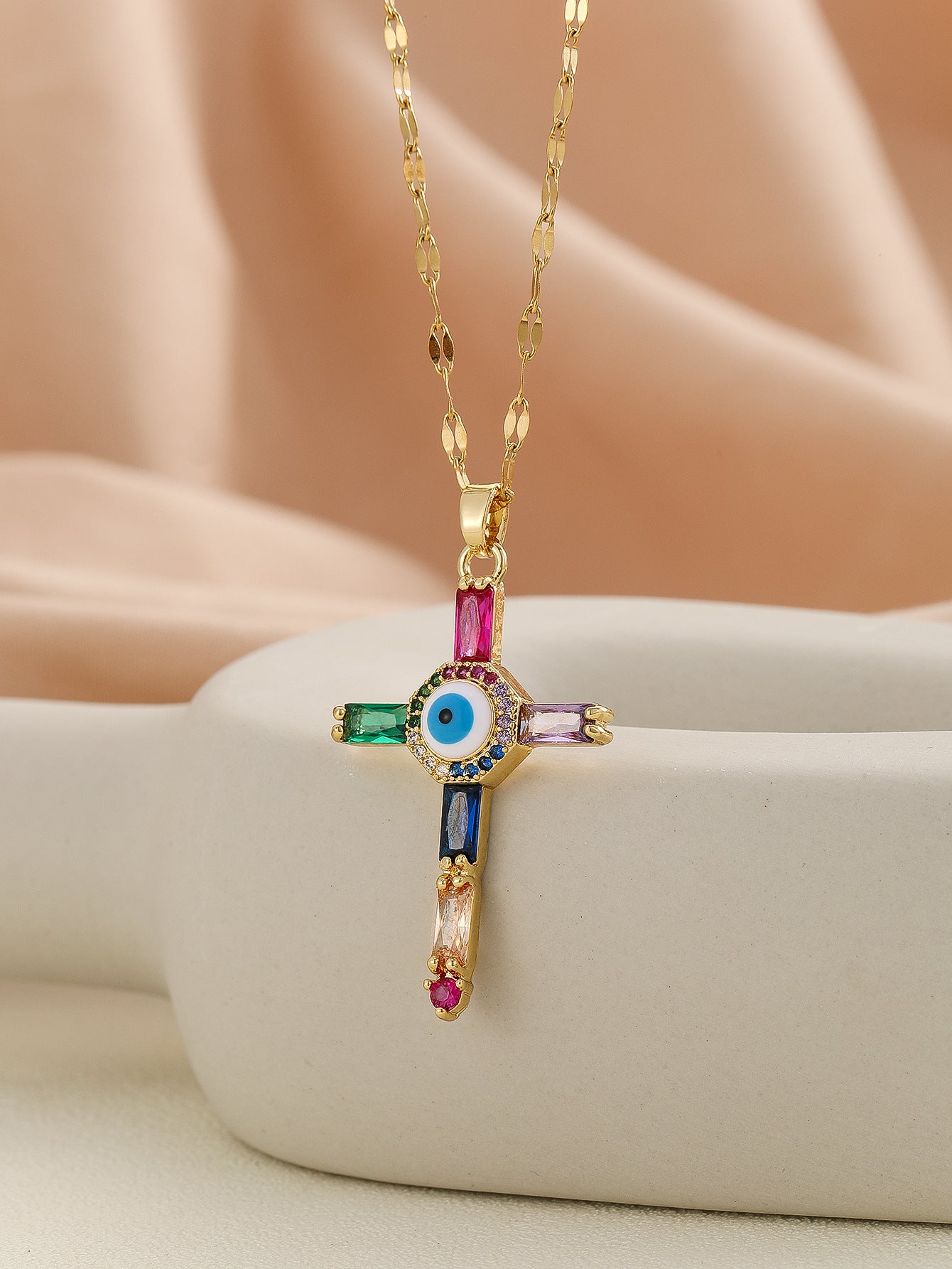 European and American style pendant Middle Eastern style unique design micro-painted colored zircon lip chain cross necklace