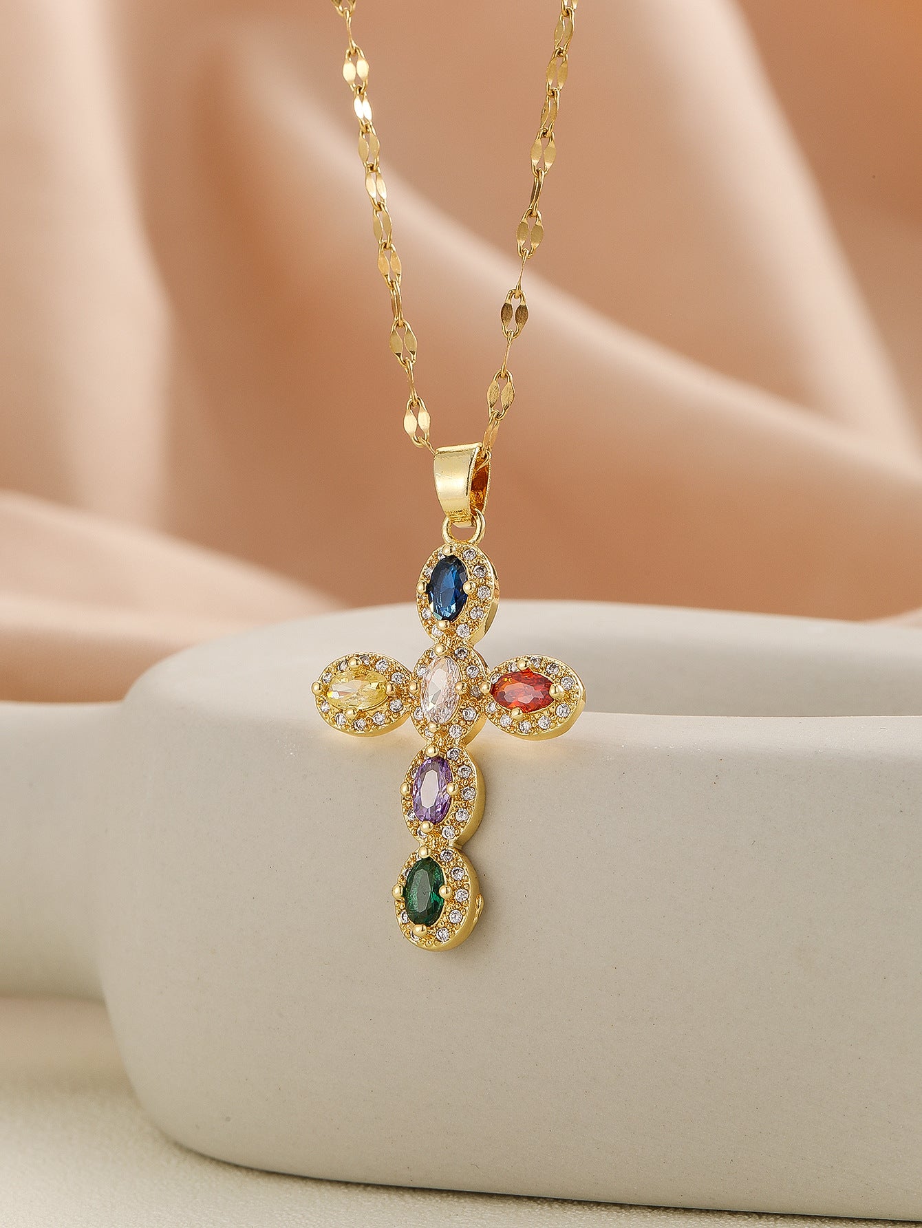 European and American style pendant Middle Eastern style unique design micro-painted colored zircon lip chain cross necklace