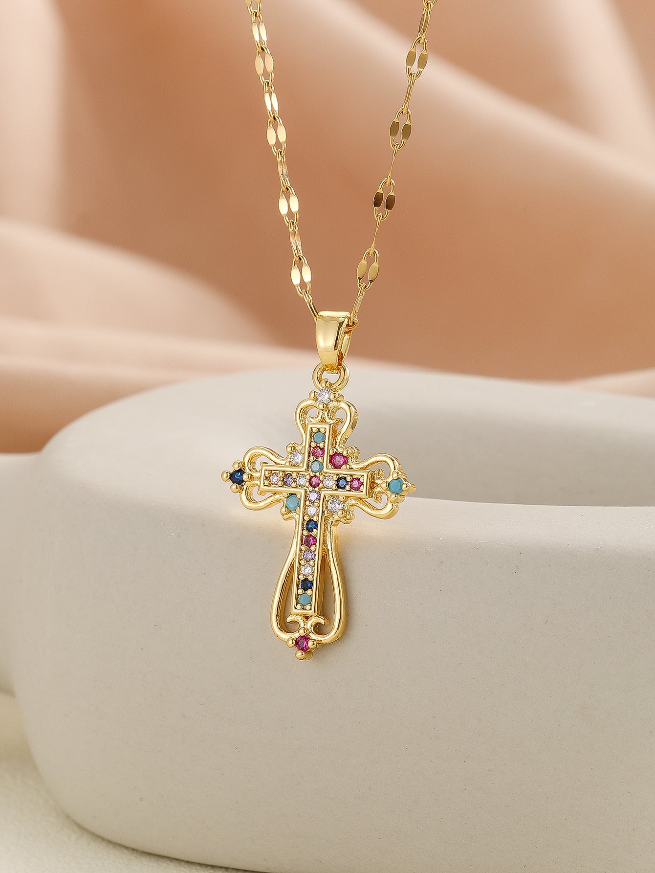 European and American style pendant Middle Eastern style unique design micro-painted colored zircon lip chain cross necklace