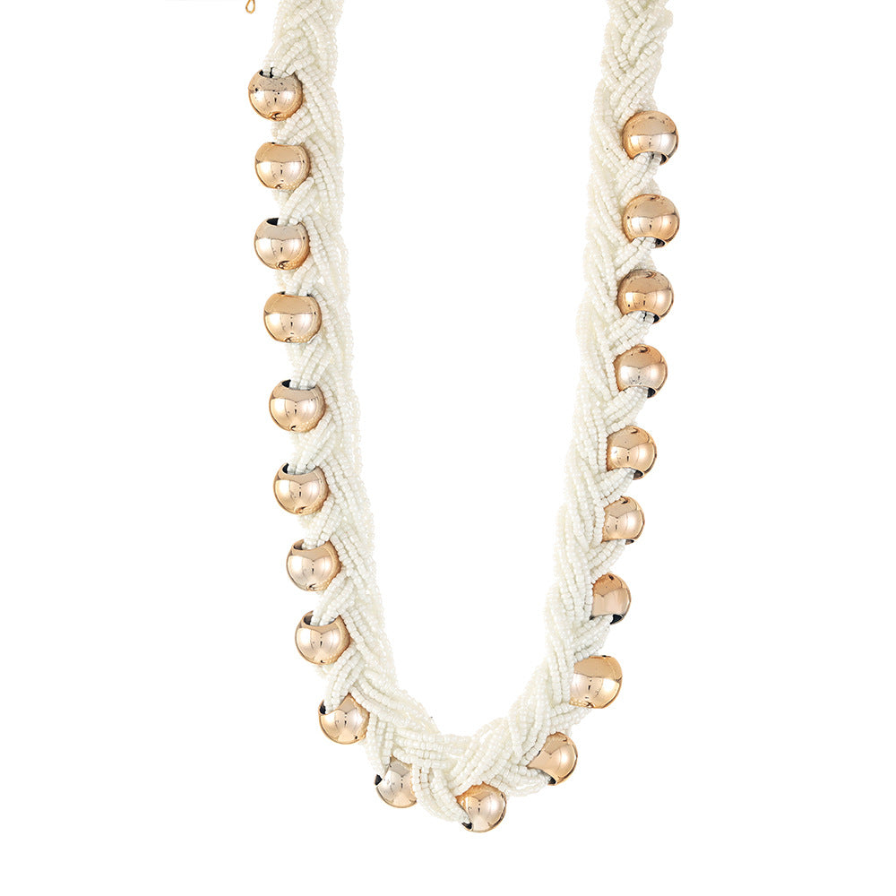 European and American retro exaggerated seed bead twisted braid with round bead necklace hand-woven clavicle chain