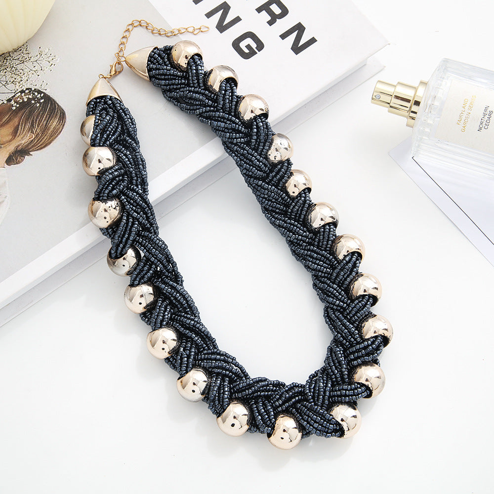 European and American retro exaggerated seed bead twisted braid with round bead necklace hand-woven clavicle chain