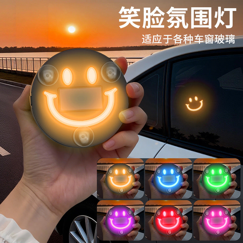Car wireless solar-powered smiley face triangular window six-color neon interior ambient light LED car mount